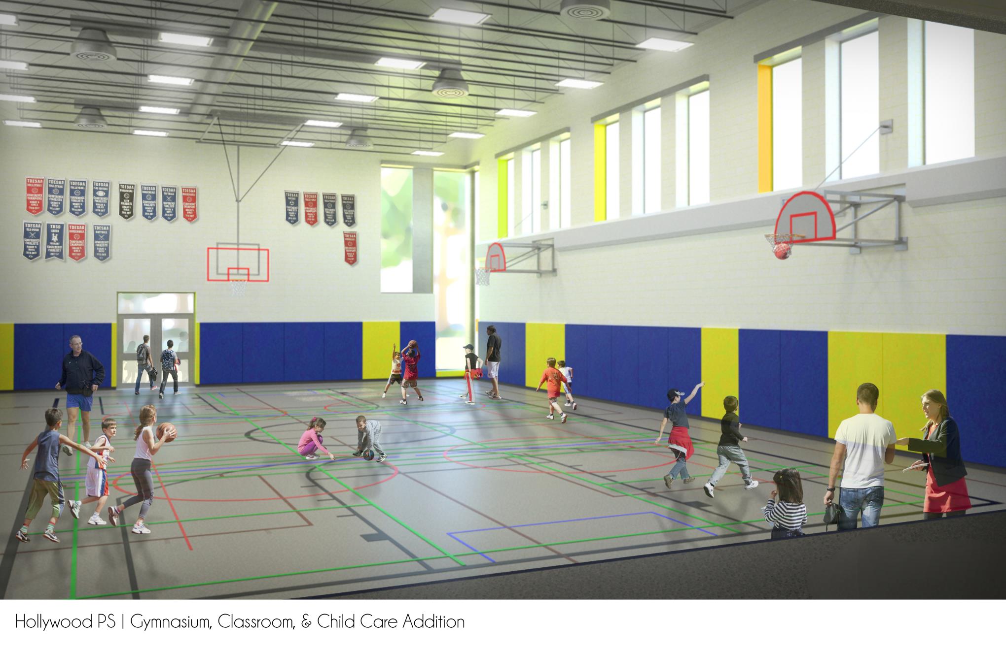 Interior rendering depicting the view from the southeast corner of the gymnasium just in front of the stage. Open Gallery